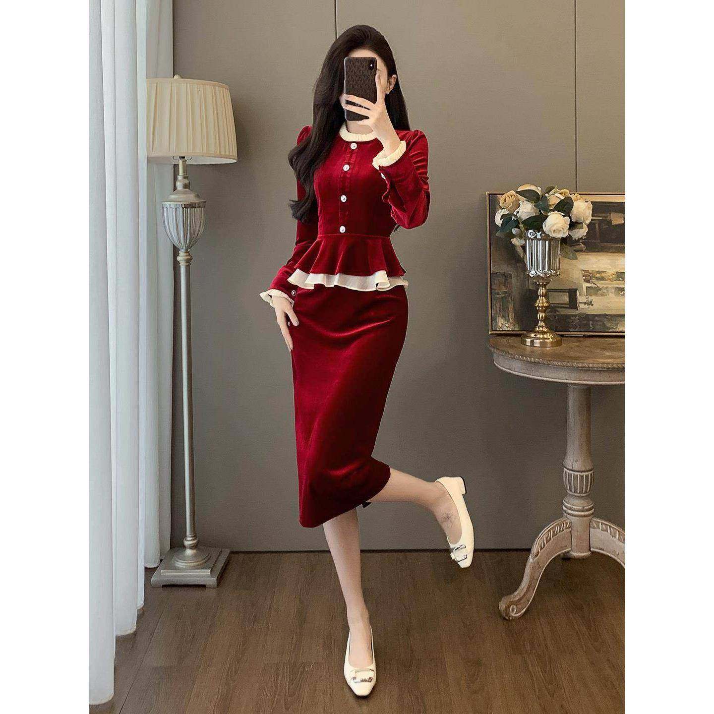 Ocnltiy丝绒半身裙套装女订婚连衣裙礼服日常可穿敬酒服结婚红裙