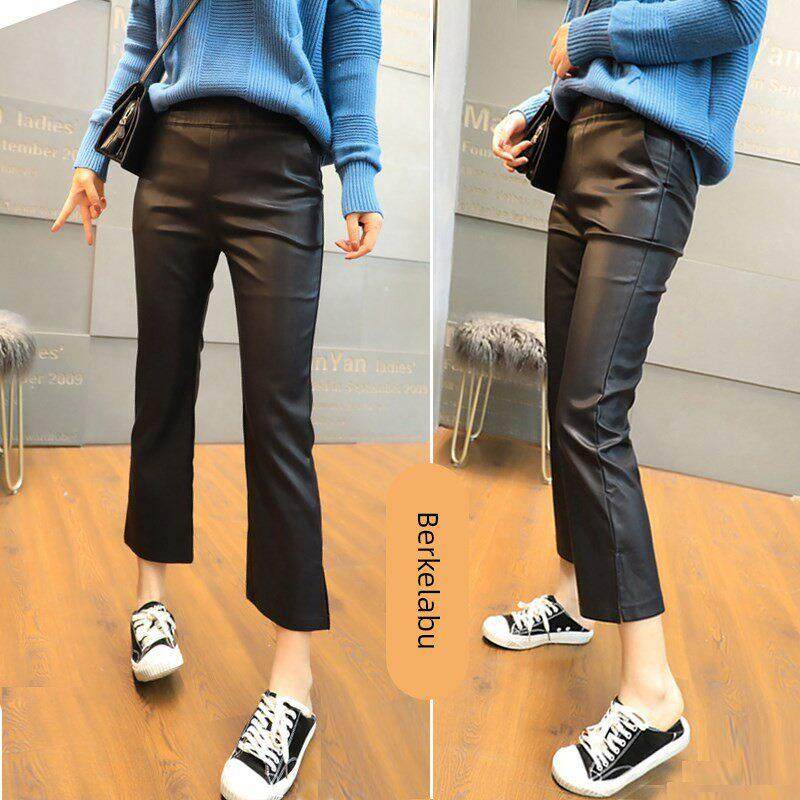 微喇叭皮裤女2025秋冬显瘦九分裤休闲松紧腰阔腿高腰侧开叉真皮裤,女装/女士精品,休闲裤,淘宝优惠券,粉丝福利购,淘宝优惠卷