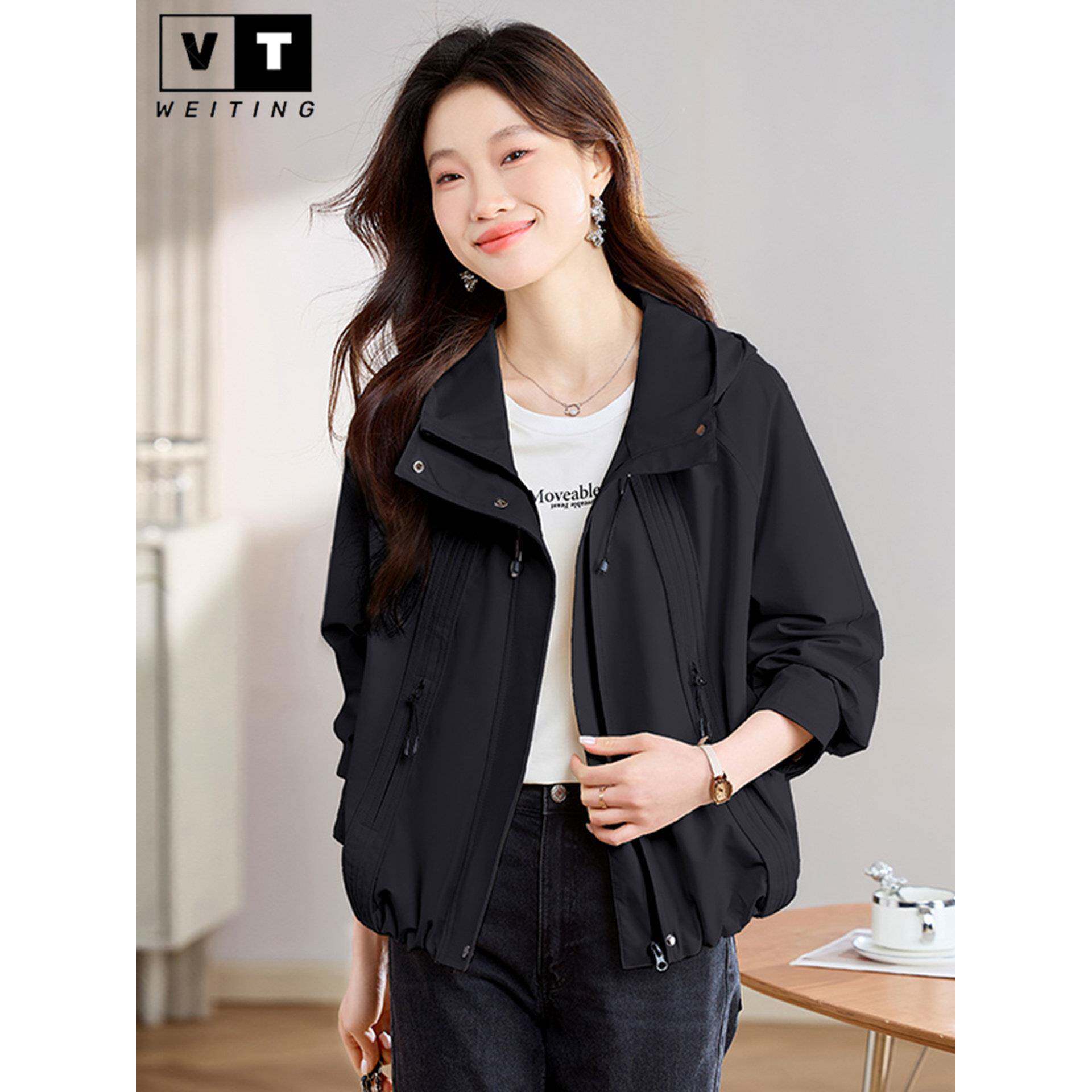 WEI TING风衣外套女2025春秋款宽松气质休闲连帽短款时尚夹克上衣