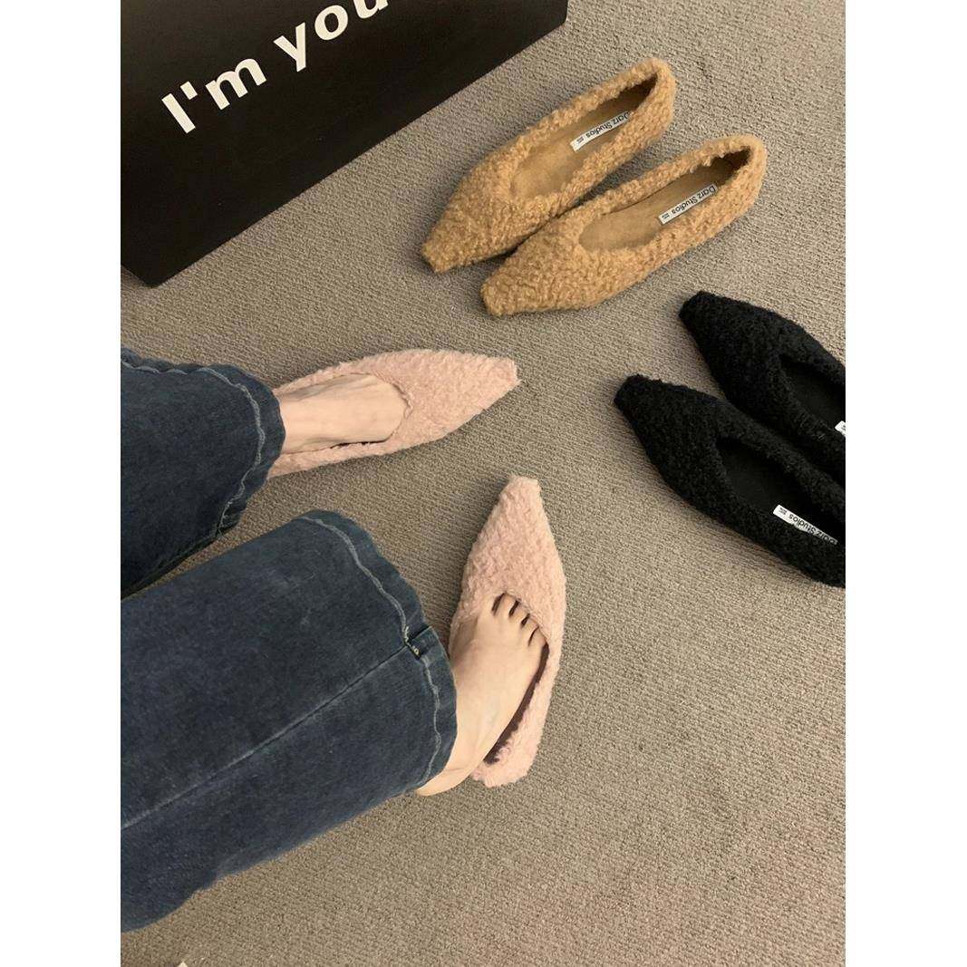 潮牌平底毛毛鞋女2025秋冬季尖头平跟加绒棉鞋子外穿懒人豆豆单鞋,女鞋,浅口单鞋,淘宝优惠券,粉丝福利购,淘宝优惠卷