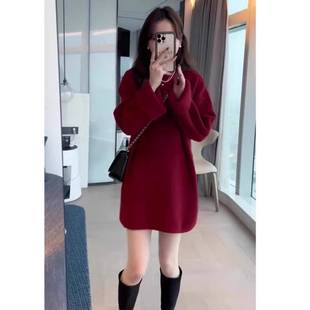 欧洲站2024年秋冬新款圣诞毛衣裙子慵懒风新年红色针织连衣裙短款