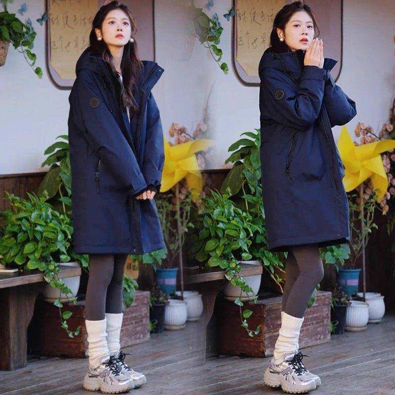 香港代购时尚连帽羽绒服女士冬季洋气质加厚保暖中长款派克服外套