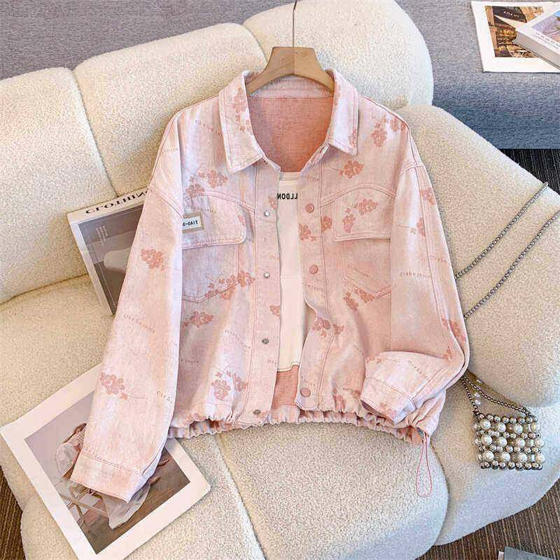 韩国2025春秋新款粉色甜美印花牛仔外套女宽松百搭短款夹克上衣潮