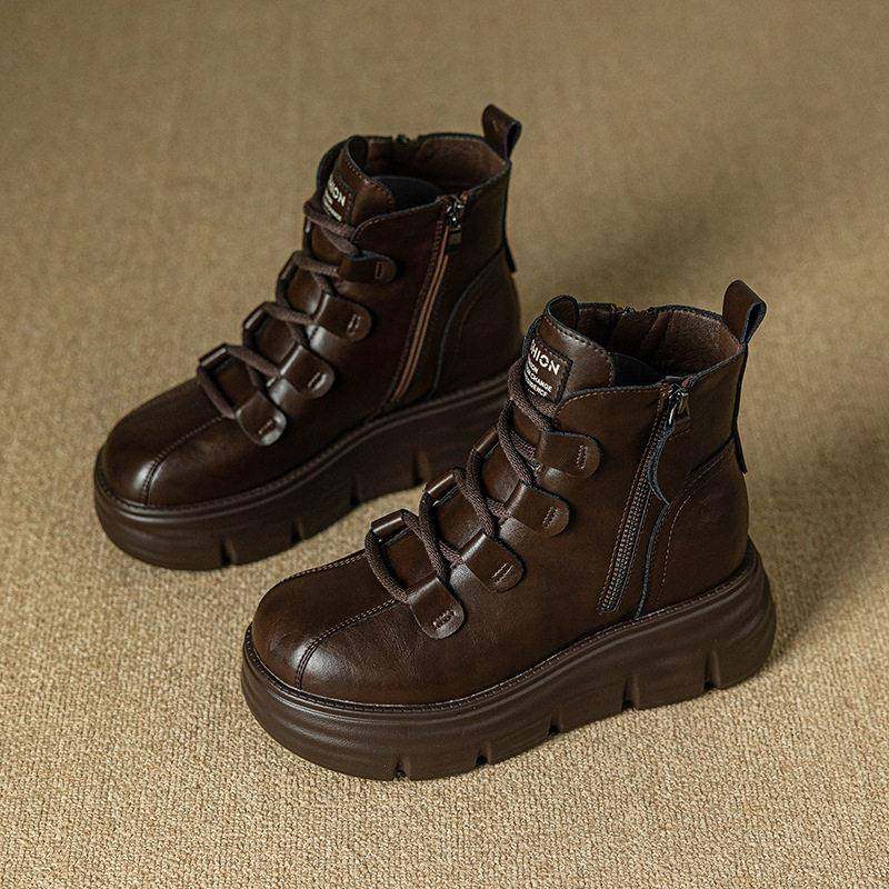 香港真皮内增高马丁靴女鞋小个子8cm短靴2025新款加绒厚底高跟靴