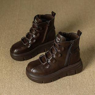 香港真皮内增高马丁靴女鞋小个子8cm短靴2025新款加绒厚底高跟靴