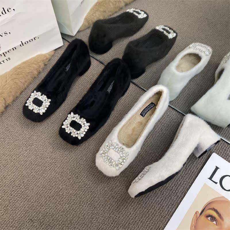 潮牌粗跟毛毛鞋女冬季外穿2025新款高级加绒豆豆鞋水钻扣保暖棉鞋,女鞋,浅口单鞋,淘宝优惠券,粉丝福利购,淘宝优惠卷