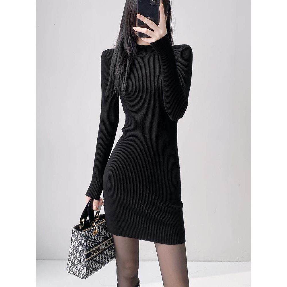 Ocnltiy半高领针织连衣裙女内搭配大衣修身收腰包臀打底毛衣短裙