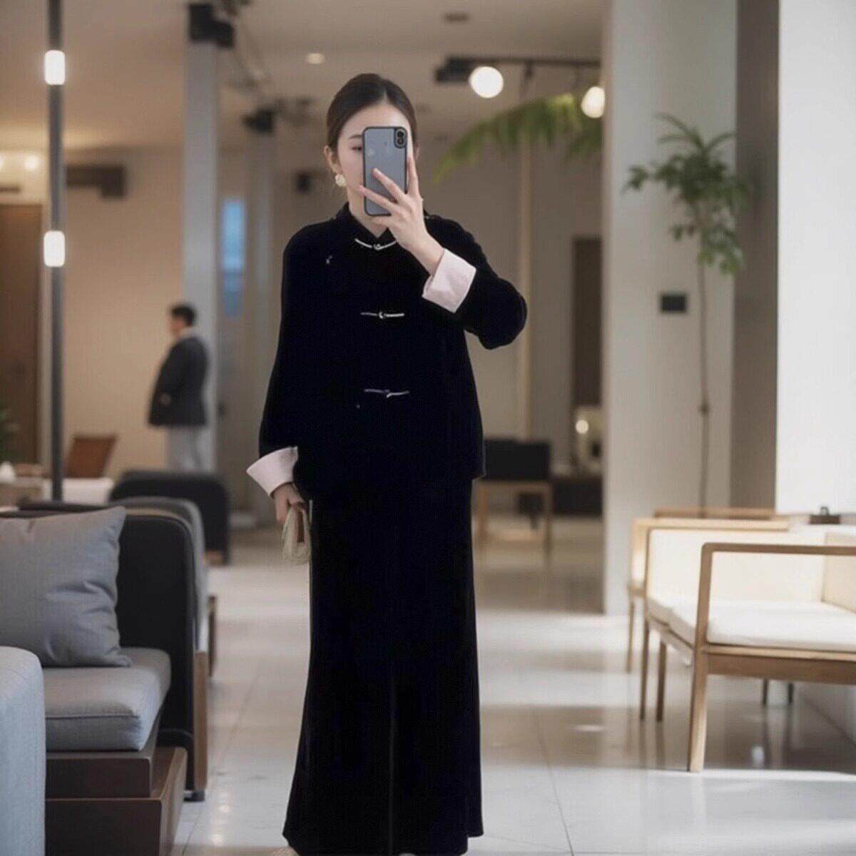 欧洲站2024新款秋冬女装新中式国风高级感套装丝绒裙气质两件套