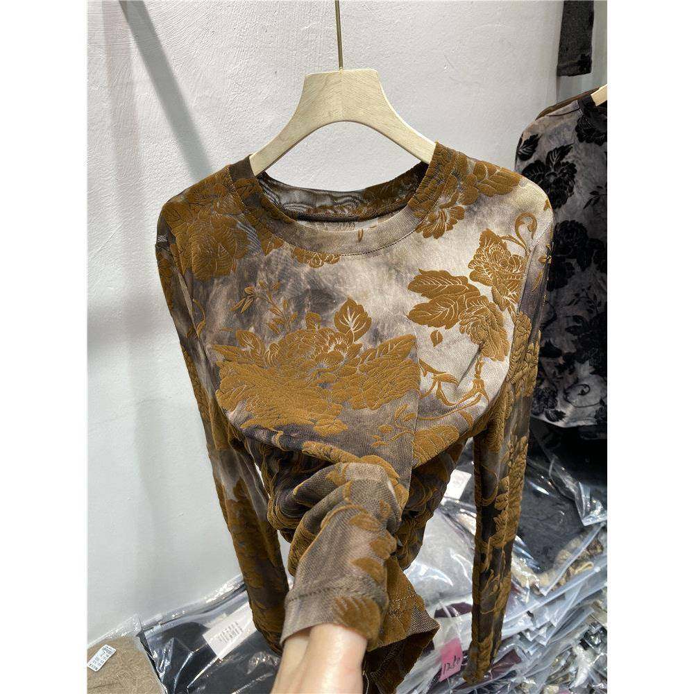 Ocnltiy欧货覆古花朵植绒长袖网纱T恤女季新款抽绳收腰打底衫上衣