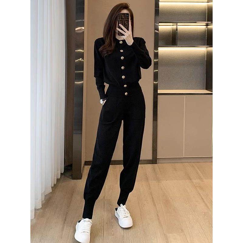 欧洲站2025秋装新款小香风黑色针织套装高级感运动休闲裤子两件套
