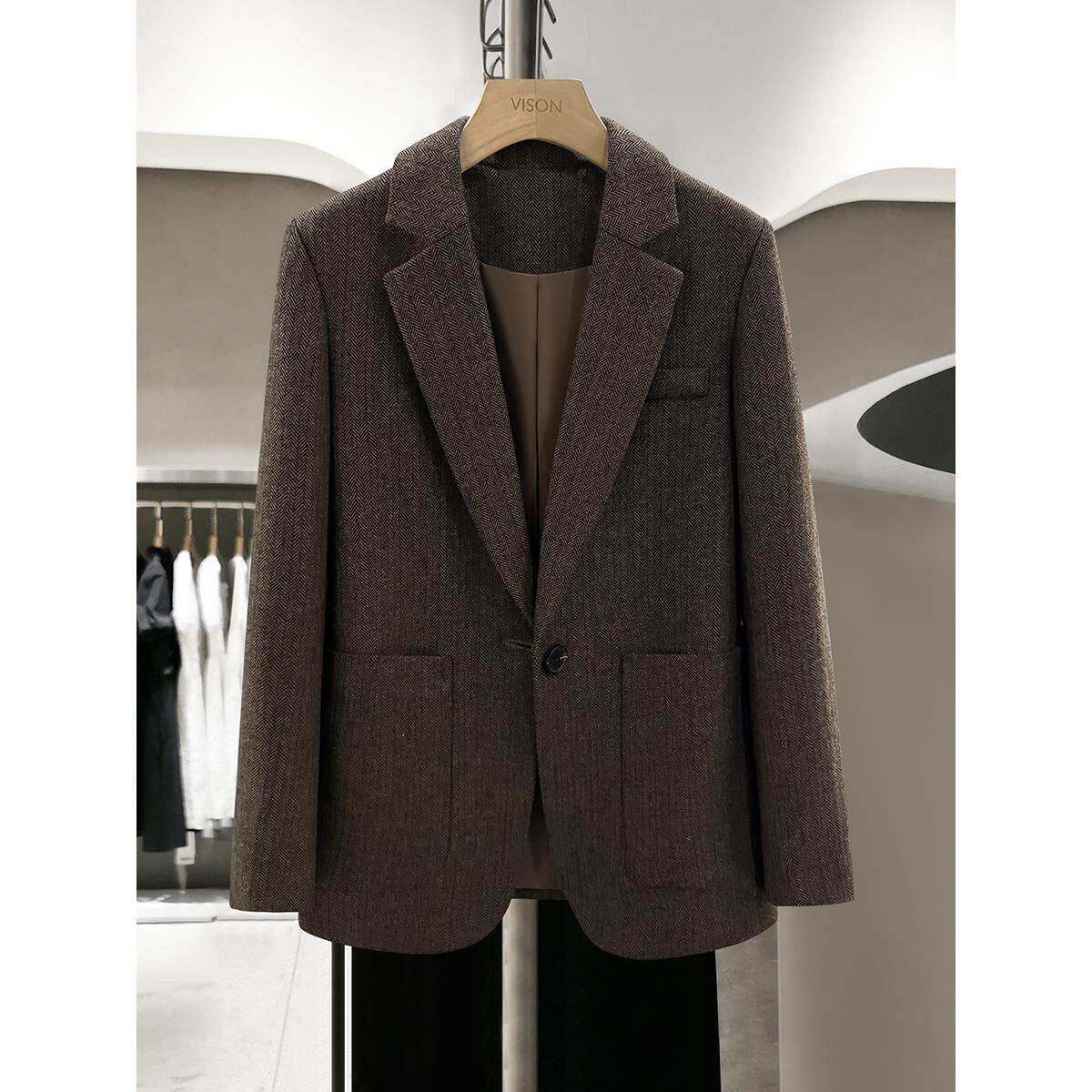 高档轻奢通勤工作服西装外套女士秋冬新款羊毛呢职业咖色西服上衣