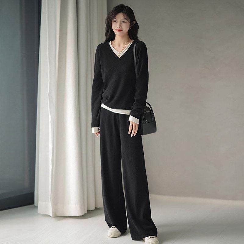 欧洲站2024秋冬新款时尚女装高级感阔腿裤针织套装两件套时髦洋派