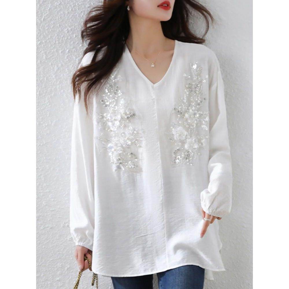 重工钉珠V领洋气刺绣衬衫女2025春秋新款设计感宽松遮肉休闲上衣,女装/女士精品,大码内搭,淘宝优惠券,粉丝福利购,淘宝优惠卷