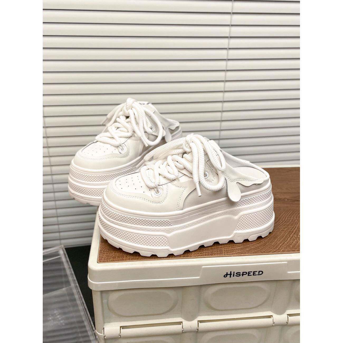 香港真皮厚底松糕半拖小白鞋女小个子内增高休闲板鞋轻便拖鞋外穿