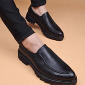 男 尖头内增高皮鞋 vkwwhy复古棕色男鞋 英伦真皮一脚蹬休闲发型师鞋