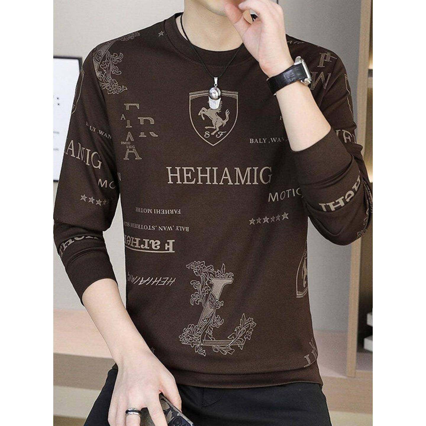 高端印花圆领卫衣男2025新款春秋季休闲男士潮流修身薄款长袖T恤