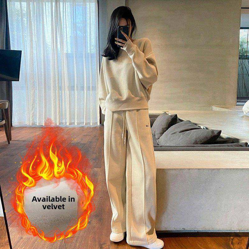 欧洲站休闲运动套装女秋冬2025年新款时尚加绒卫衣阔腿裤两件套潮