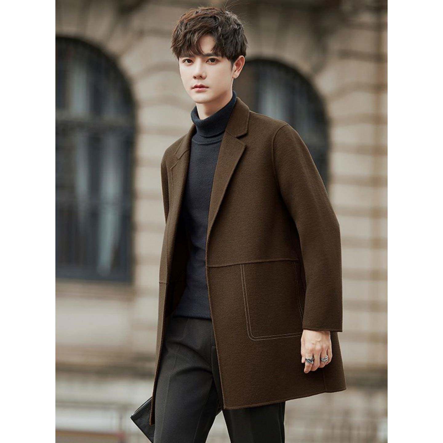 秋冬季新款双面呢大衣男羊绒中长款韩版潮流男士休闲羊毛呢子外套