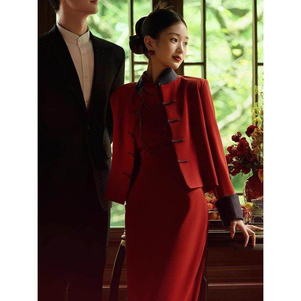 Ocnltiy新中式订婚连衣裙性感鱼尾敬酒服新娘酒红色回门结婚礼服