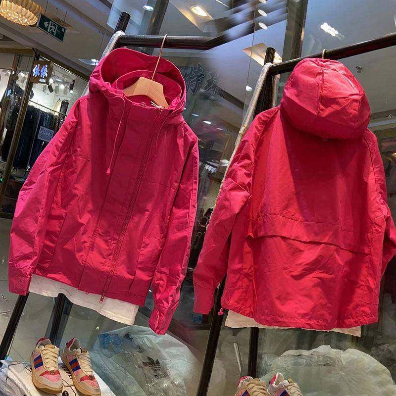 韩国春秋新款安可拉红连帽开 衫工装夹克服时尚宽松风衣防晒外套