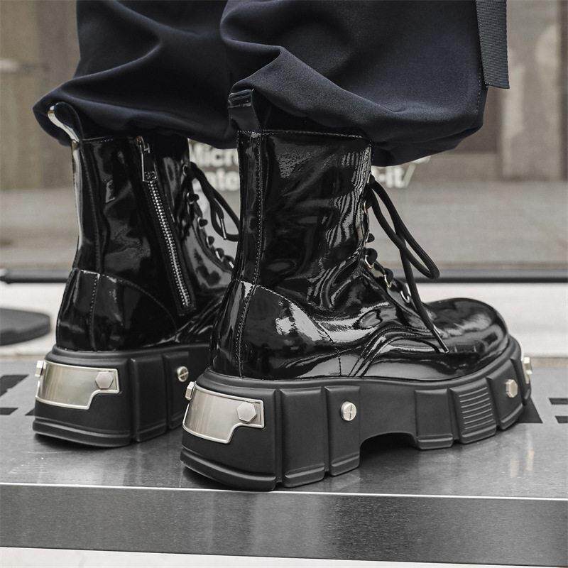 巴黎厚底马丁靴男秋冬季漆皮朋克拉炼机车靴英伦大头软皮切尔西靴