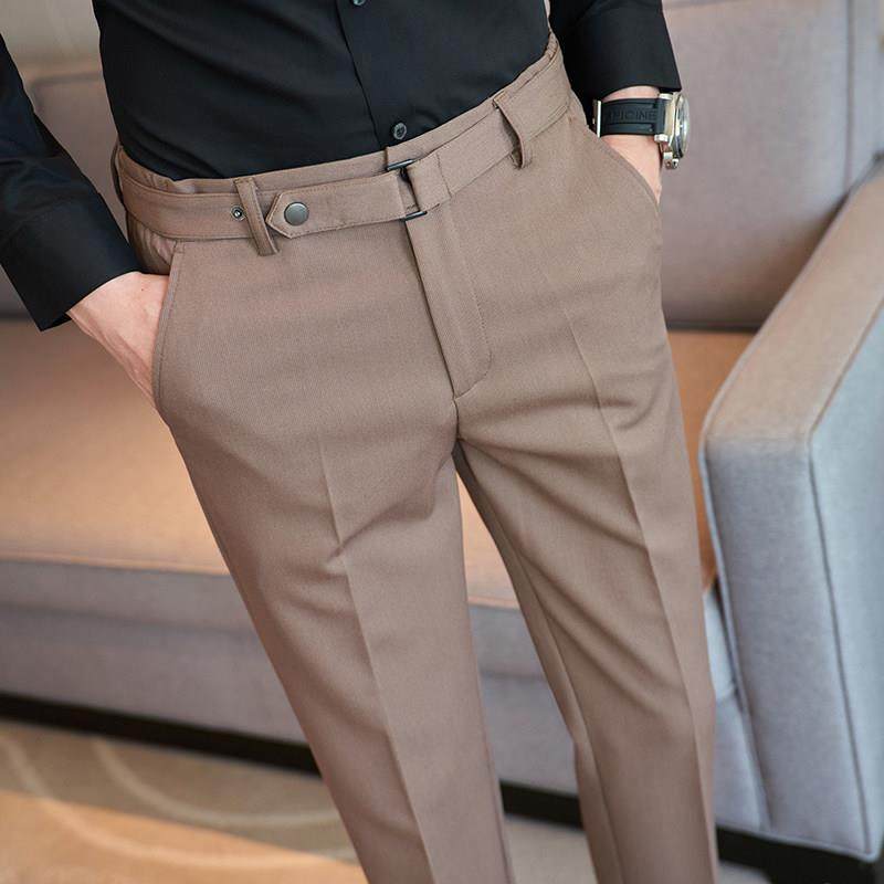 高端轻奢裤子男款高级感商务休闲西裤修身小脚可调节收腰西装长裤