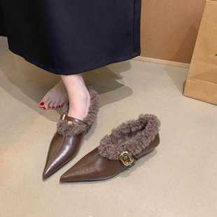 潮牌秋冬季新款毛毛鞋加绒一脚蹬尖头小皮鞋女粗跟一字带玛丽珍鞋