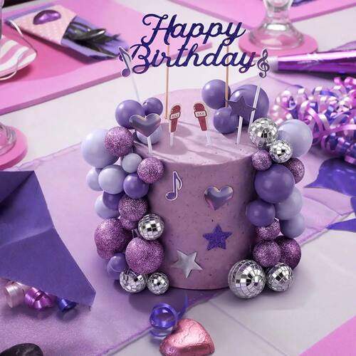 Complete K-Pop Party Cake Topper: Purple Disco Balls, Mic, H