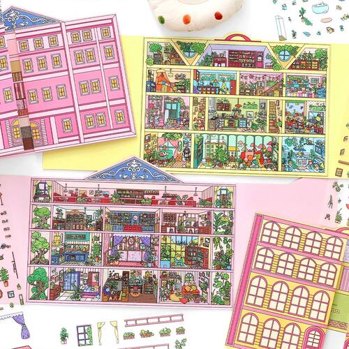Kawaii Doll Apartment 3D  Pink Hotel Landscape Sticker DIY