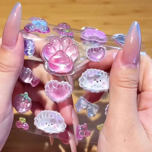Kawaii 3D Crystal Cat Paw Squeeze Pinch Embossed Sticker Rel