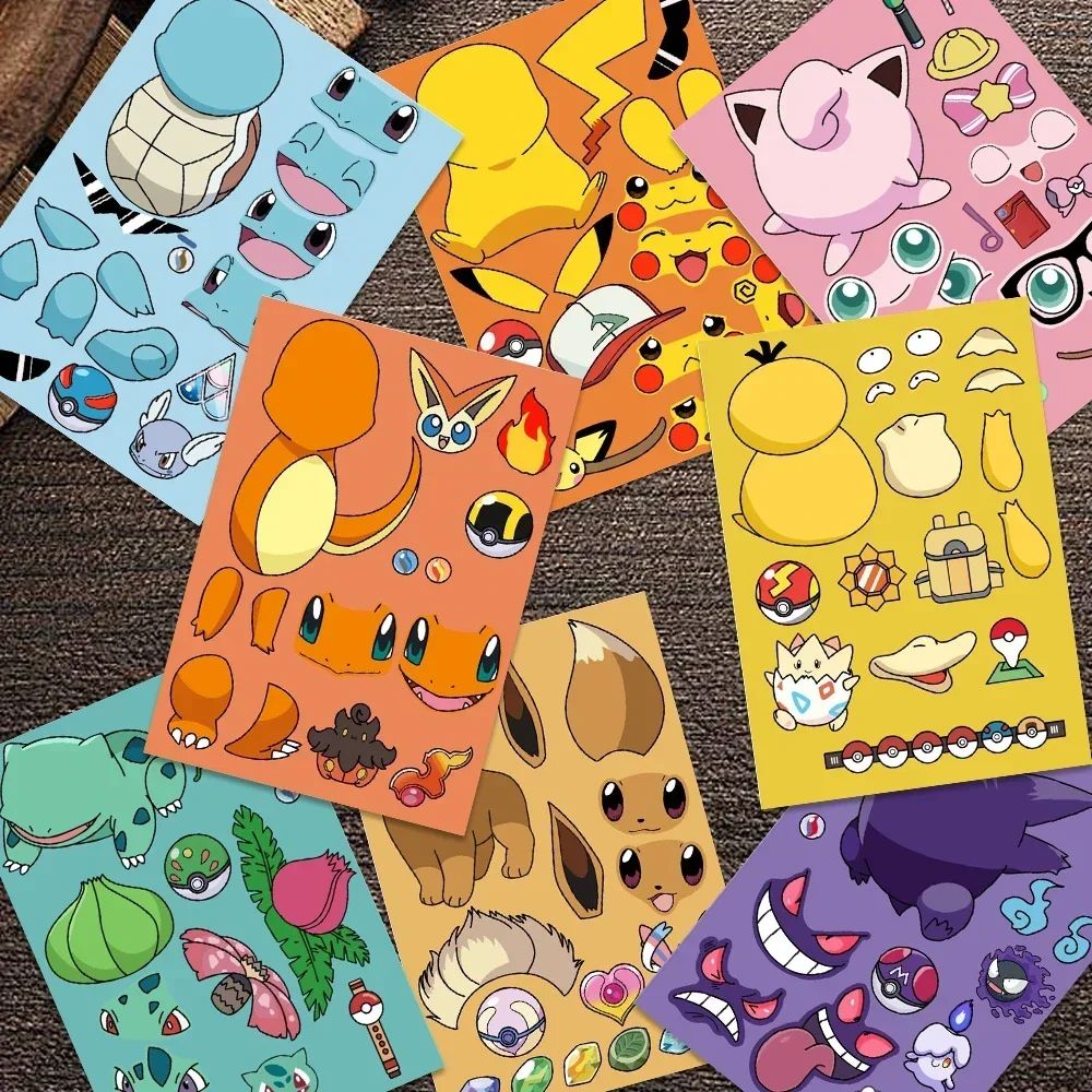 8/16/48pcs Pikachu Puzzle Stickers Make-a-Face Funny Assembl