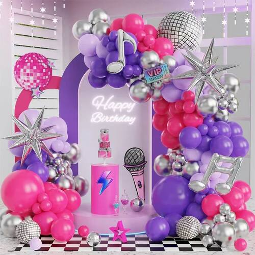Kpop Disco Music Balloon Arch Kit Pink Purple Silver Latex B