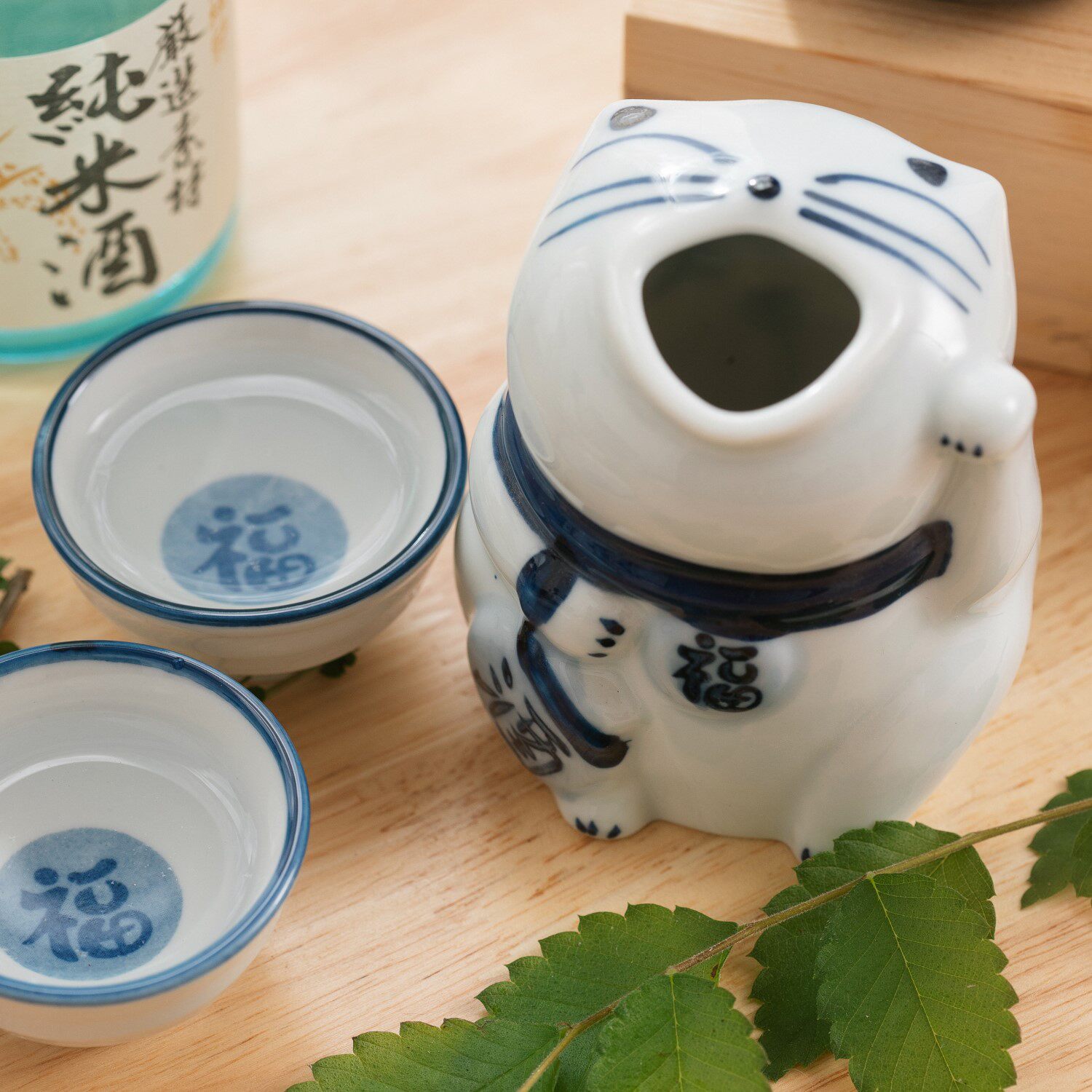 清仓日本进口美浓烧卡通福猫清酒壶小酒杯可爱一壶四杯家用酒具