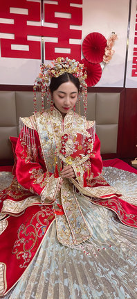 古风铜镀结婚新娘发饰龙凤褂24k真金后压发冠减龄汉婚头饰古装头