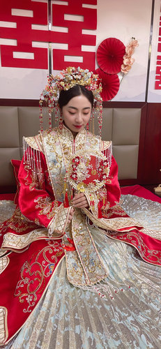 古风铜镀结婚新娘发饰龙凤褂24k真金后压发冠减龄汉婚头饰古装头