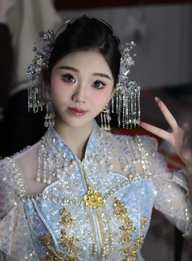 新娘头饰中式古风浅色水晶流苏发簪复古汉服古典减龄秀禾结婚发饰