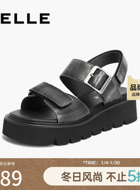 百丽女鞋复古做旧凉鞋夏季新款黑色鞋子可外穿厚底鞋子A9E1DBL4