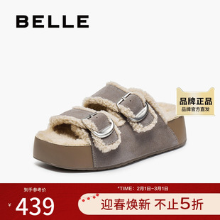 百丽复古双饰扣勃肯鞋女2025冬新舒适毛里厚底拖鞋B2832DT5