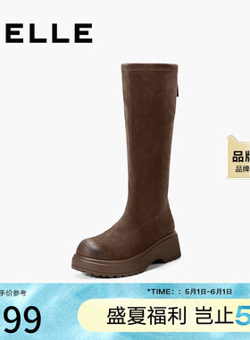 百丽复古简约绒面弹力靴女2025冬新粗跟增高弹力高靴B2860DG5