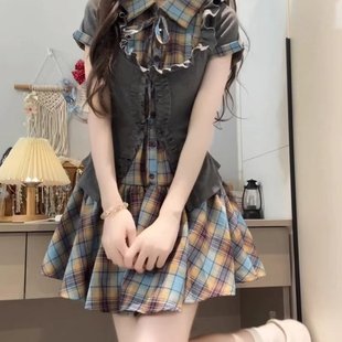 法式 学院风蓝色格纹连衣裙子女夏季 2025新款 气质辣妹收腰短裙套装
