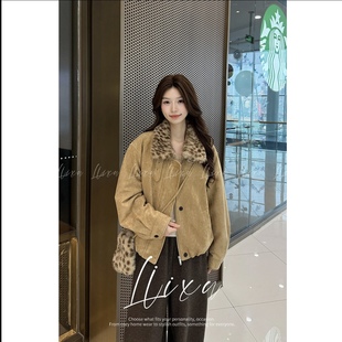 Liixu秋冬加绒加厚豹纹拼接夹克上衣女设计感厚外套L58TZY6171