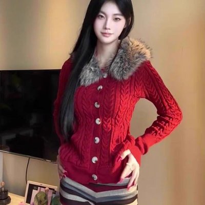 圣诞节红色毛领连帽毛衣外套女秋冬季加厚小个子修身短款针织开