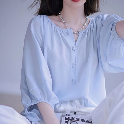 法式别致高级感上衣设计感小众小清新甜美韩系温柔雪纺蓝色衬衫女