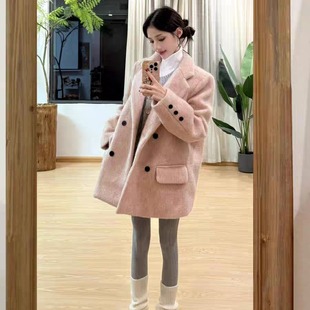 含羊毛高级感粉色西装 韩版 外套双排扣毛呢外套 暖棉质感 solo爆爆