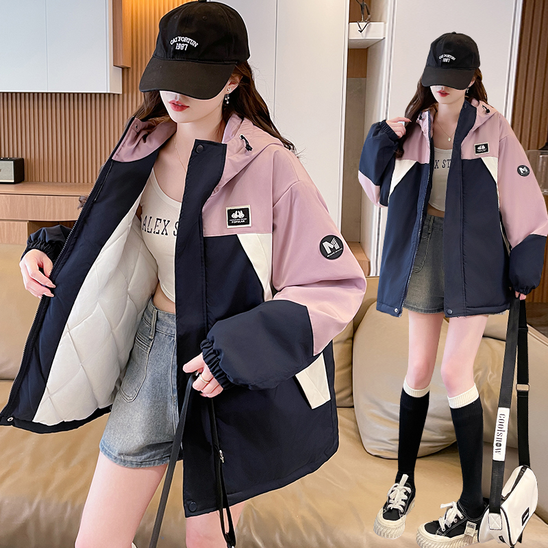 实拍韩系拼色秋冬夹棉工装外套2025新款百搭休闲连帽保暖棉服女