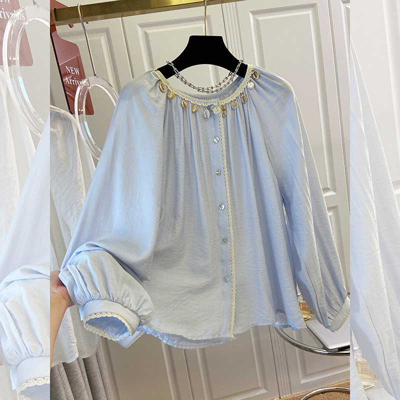 实拍2026早春新款韩版法式温柔风胖拼接蕾丝花边领宽松遮肚衬衫
