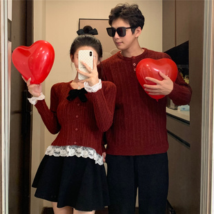2025冬季 情侣装 蕾丝拼接圣诞节新年红色订婚毛衣针织 已出货 实拍