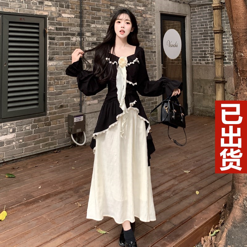 实拍胖mm赫本风拼接连衣裙女2025秋季新款设计感小众假两件裙子女