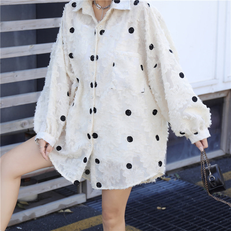 实拍韩版春秋季波点蕾丝提花透视衬衫女原宿风休闲中长款外套女