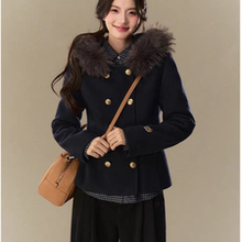 ANDYET AD1原创双排扣毛呢外套女收腰保暖连帽毛领棉服加厚羽绒服